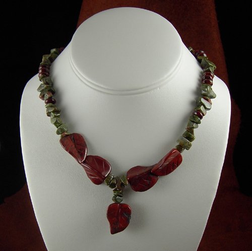 UNAKITE CHIPS, POPPY JASPER RONDELLED, POPPY JASPER CARVED LEAVES NECKLACE