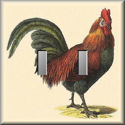 Vintage Illustration of Colorful Rooster Double Switch Plate