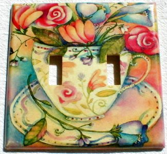 Roses in Pretty Floral Teacup Double Switch Plate