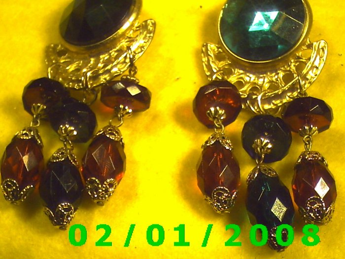 Gold w/Emerald, Sapphire n Ruby Clip On Earrings