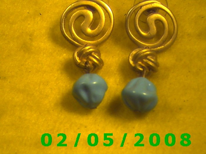 Gold w/Knots n Blue Beads Pierced Earrings