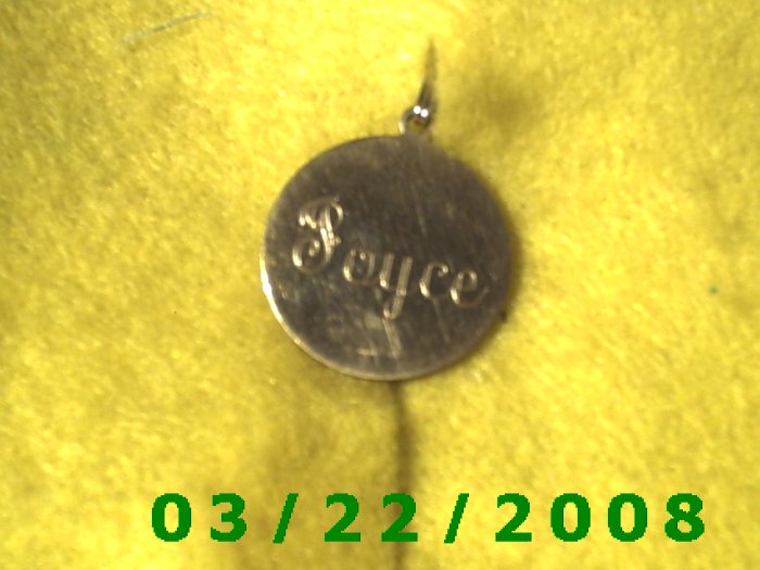 13/16" Brass Charm w/Joyce 3-10-78 (R035)