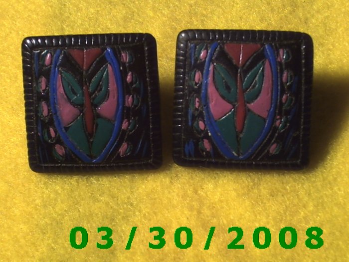 Black Stone, Carved and Painted Pierced Earrings (018)