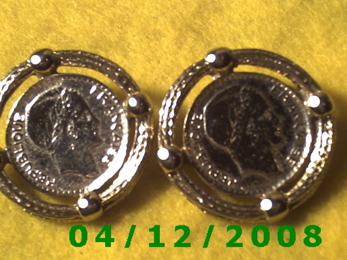 Gold French Coin Replica Pierced Earrings Q1013