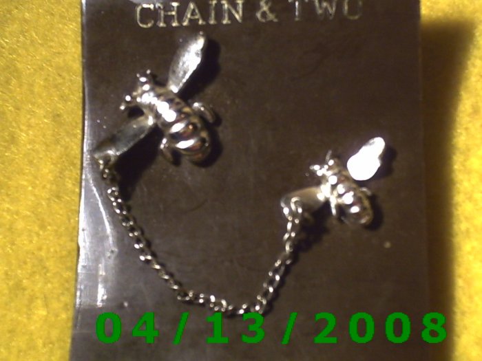 Chain and 2 Bees Silver Vintage Hat Pins Q2002