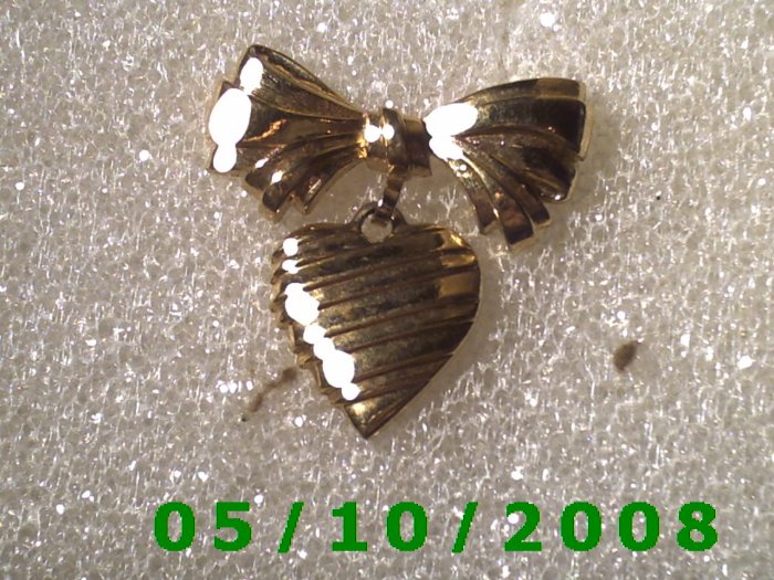Gold Bow n Heart Pin w/Inscription on Back I Love You Mother
