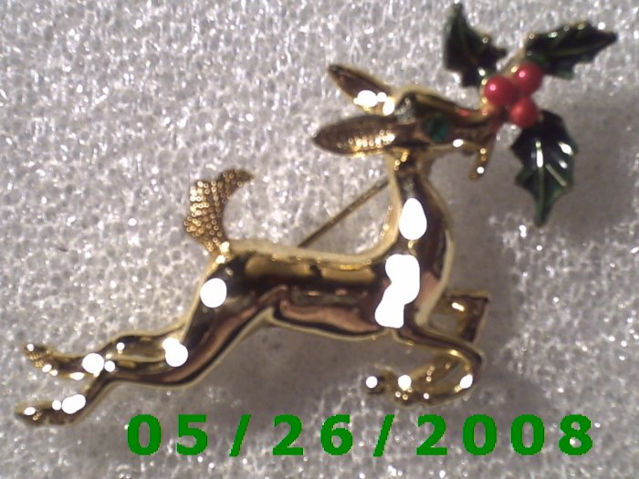 Gold Deer with Holly Pin C002