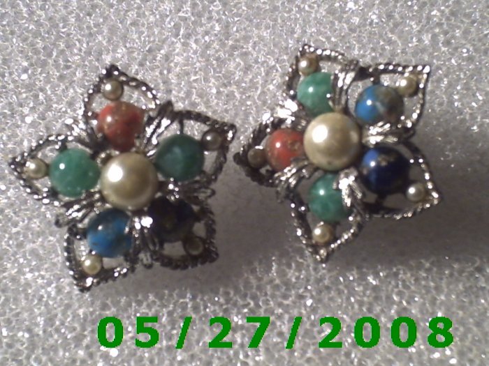 Silver w/Multi Colored Stones Clip On Earrings D035