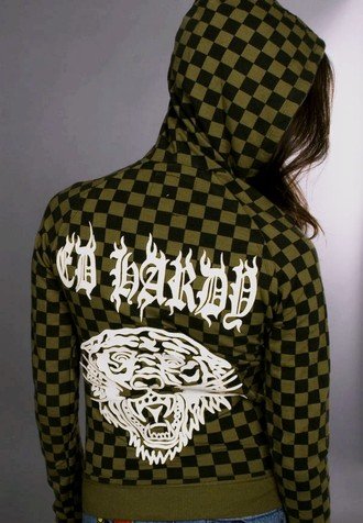 Ed hardy Womens Checkered Hoodie: Olive Green
