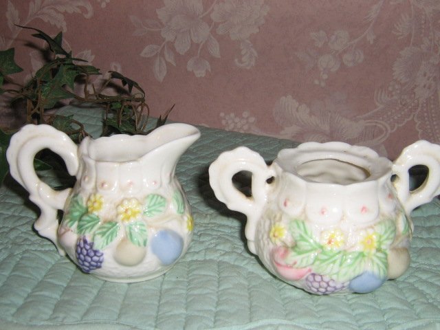 Vintage Cream & Sugar Set .. Raised Fruit .. porcelain