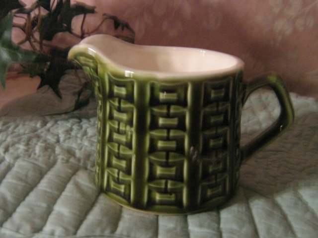 Vintage .. MIJ Green Creamer .. Unique Basketweave..green