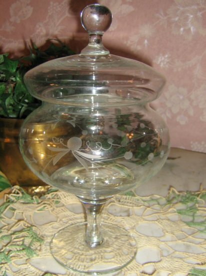 Etched Crystal .. Pedestal ..Covered Compote ..candy dish