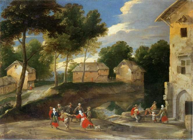 Jacques Fouquier - VILLAGE LANDSCAPE , PEOPLE DANCING,