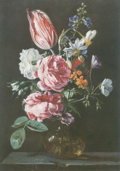 Jan van den hecke - ROSE , PARROT TULIP NARCISSI GLASS VAS ON STONE L