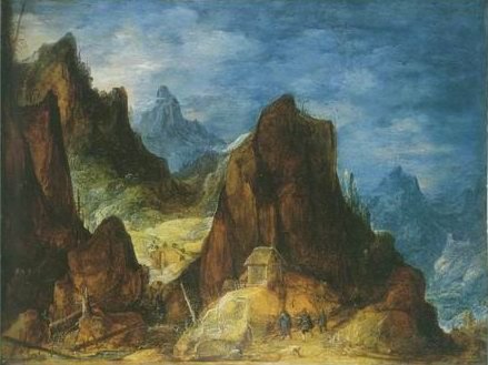 Joos De Momper - MOUNTAINOUS SCENERY , TRAVELLERS NEAR A HUT