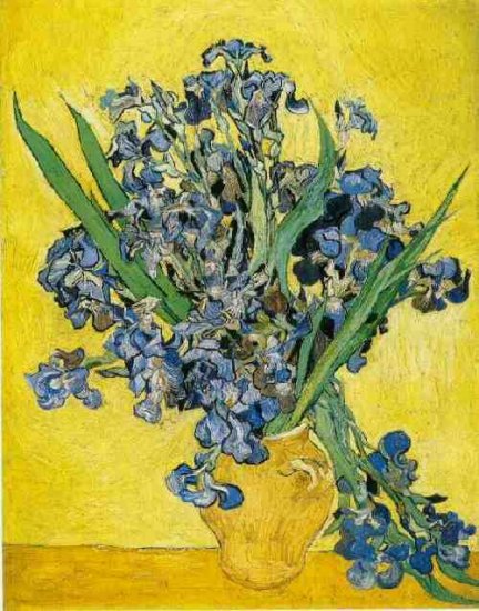 VASE WITH IRISES AGAINST A YELLOW BACKGROUND - Vincent Van Gogh paintings
