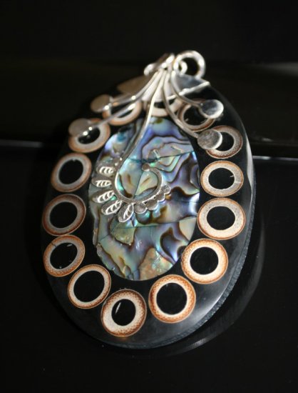 SALE!! - Paua and Shell in Ornate Silver Bail pendant