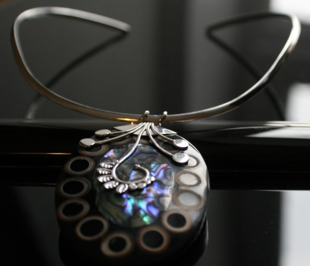 SALE!! - Paua and Shell in Ornate Silver Bail with 3mm Silver Choker