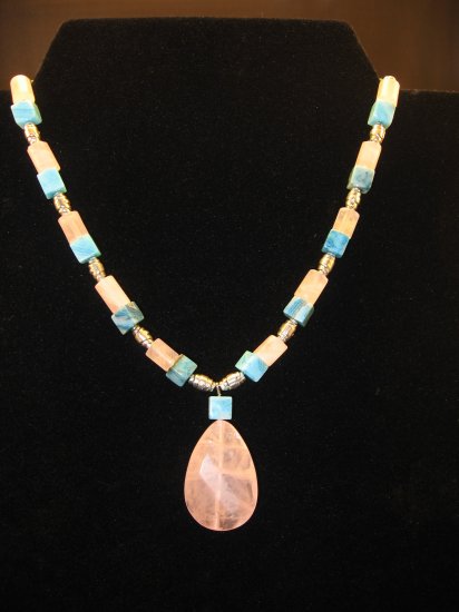 Pink Quartz and Blue Tree Agate Necklace
