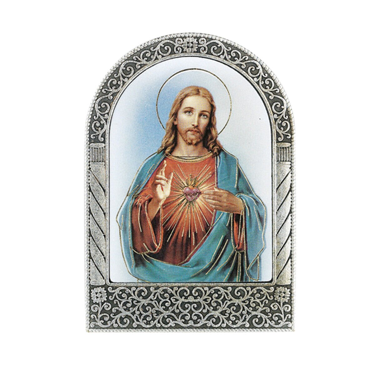 Sacred Heart Of Jesus Silver Arched Standing Plaque Catholic Altar Shrine