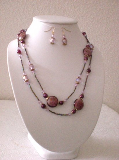 PURPLE CERAMIC BEAD NECKLACE W/ MATCHING EARRINGS