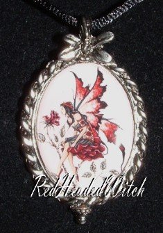AMY BROWN ROSE RED Faery FAIRY CAMEO PENDANT Necklace