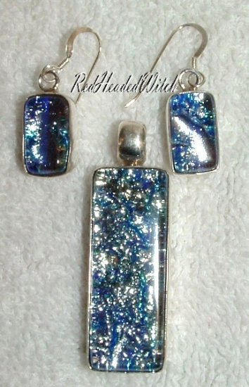 SILVER BLUE DICHROIC Glass 3 pc SET EARRINGS PENDANT