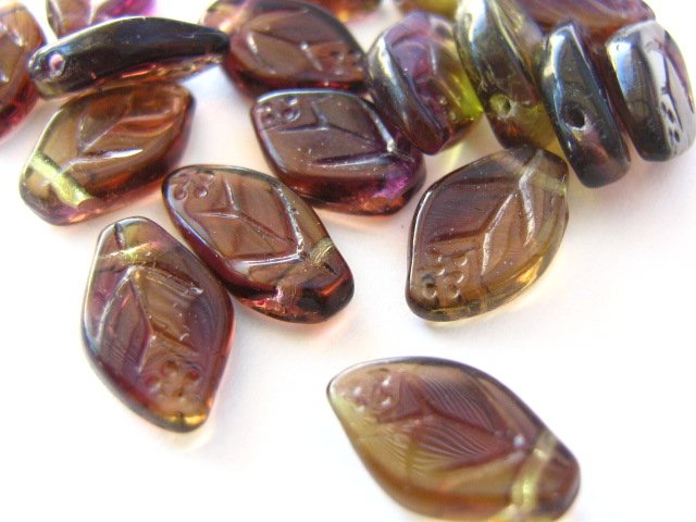 Amethyst Olivine Czech Glass Beads 8x12mm Leaf Purple Green