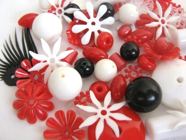 Red White Black Vintage Lucite Beads Flowers Mix