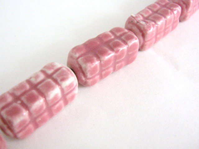 Pink 30x13mm Rectangle Porcelain Beads Carved Cube Tetris