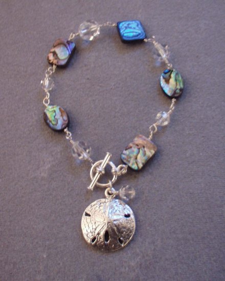 Abalone, Swarovski Crystal Wire Wrapped Bracelet with Sand Dollar Charm