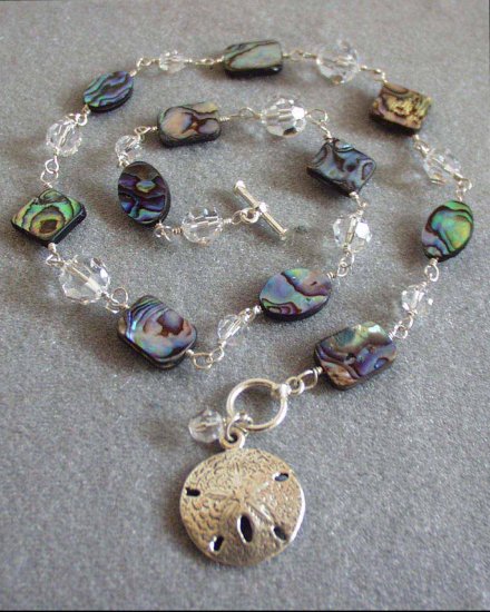 Abalone, Swarovski Crystal Wire Wrapped Necklace with Sand Dollar Charm