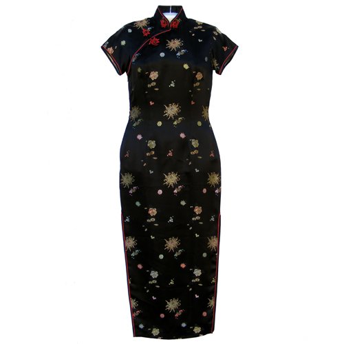 BLACK TRADITIONAL CHINESE STYLE SHORT SLEEVE SPECIAL OCCASION BROCADE DRESS S - FREE SHIPPING