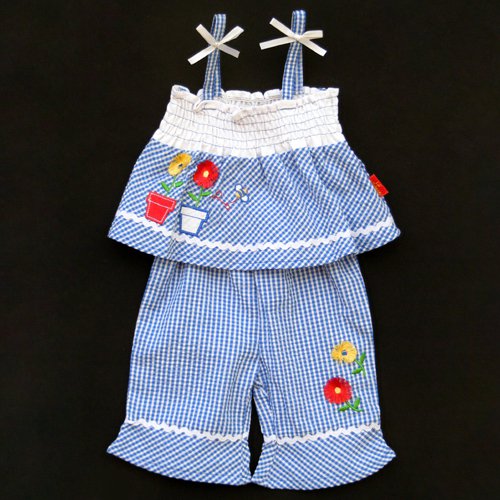 LIL' JELLYBEAN GINGHAM BLUE AND WHITE SUMMER CAPRI SET WITH BANDANNA 0-3 MONTHS - FREE SHIPPING