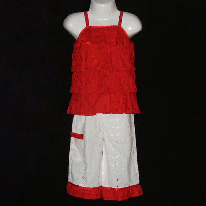 BONU GIRL RED AND WHITE TIERED TOP RUFFLED BOTTOM EYELET PANT SET 12 MONTHS - FREE SHIPPING