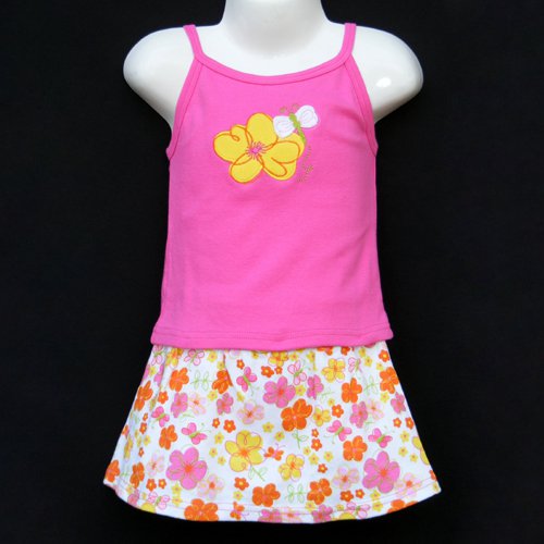 LIL' JELLYBEAN PINK STRETCH COTTON FLORAL MOTIF TANK TOP AND SKIRT SET 24 MONTHS - FREE SHIPPING