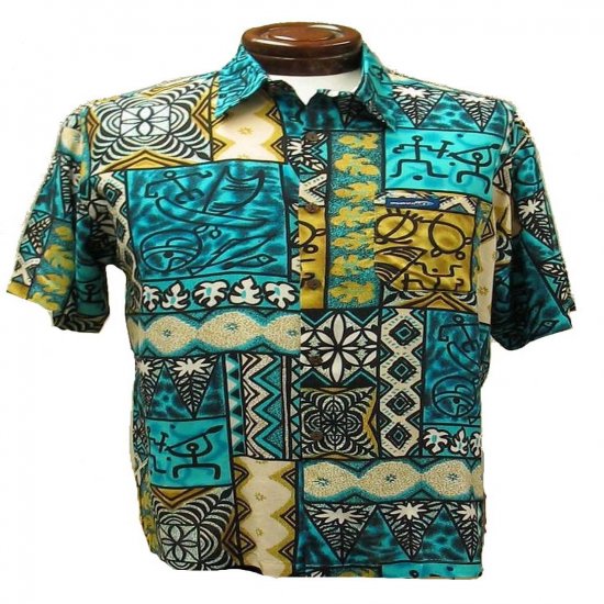 Turqoise and Gold Tribal Tapa Print Hawaiian Aloha Shirt