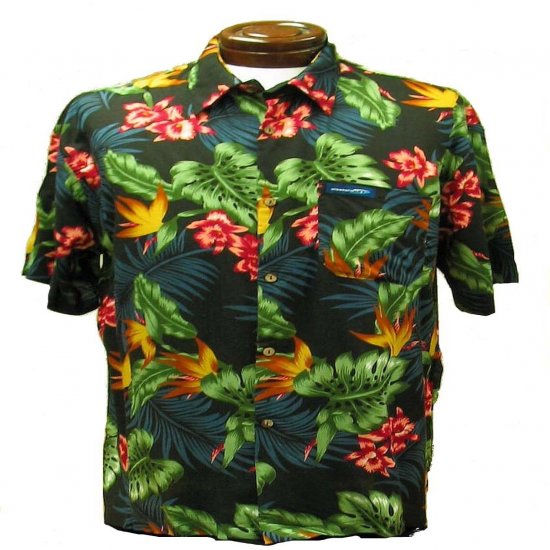 Dark Blue Floral and Leaf Print Hawaiian Aloha Shirt