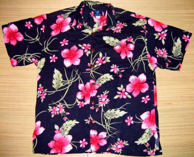 Mango Moon Blue Floral and Leaf Print Aloha Shirt