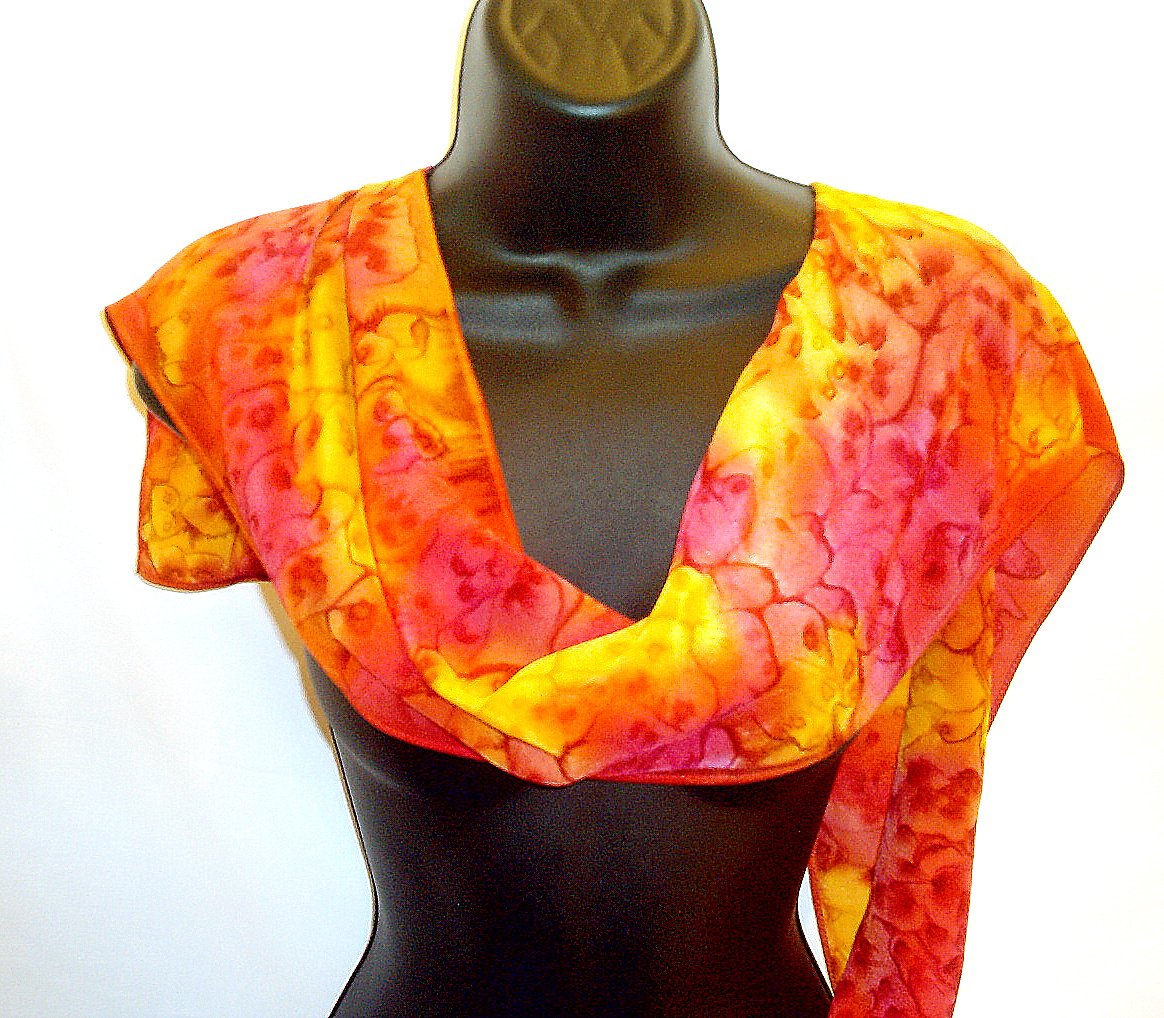 Brilliant Red-orange and gold silk scarf