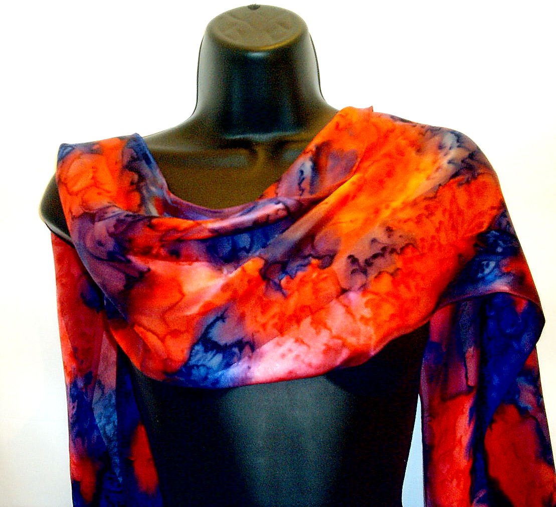 Bright red and royal blue hand painted silk scarf