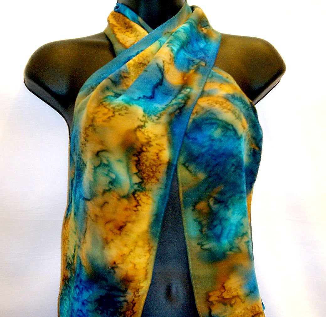 Gold and turquoise silk scarf