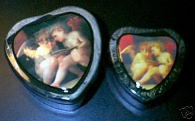 2 New Laquered Angel Cherub Heart Nesting Boxes Gift