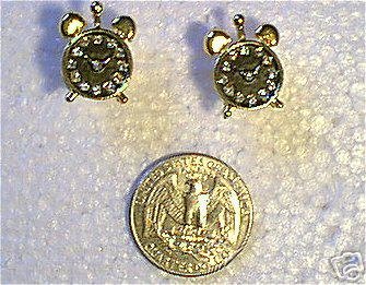 Rhinestone Alarm Clock Earrings Black Face in Goldtone