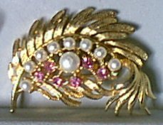 Faux Pearl & Pink Rhinestone Leaf Pin by GERRYS