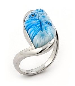 Blue Sterling Silver Blue Millefiori Glass Ring with Rhodium Finish
