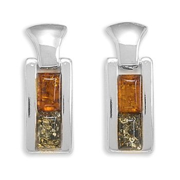 Fancy Sterling Silver Earrings Featuring Cognac and Green Amber Drop with Post back