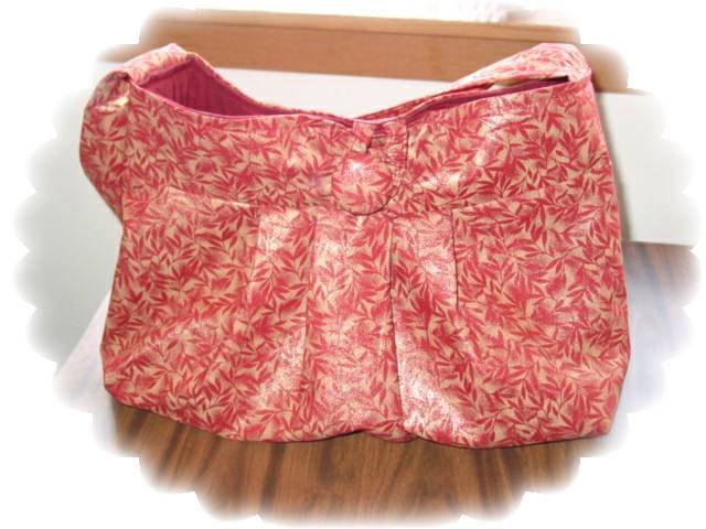 Pleated button Tote Purse rusty maroon with a metallic gold print medium/large, many extras
