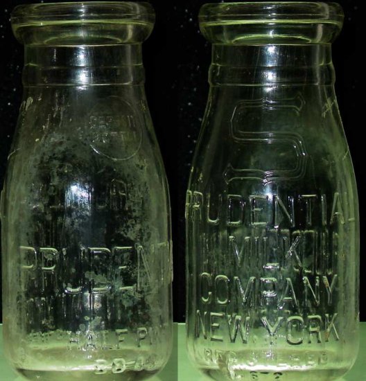 PRUDENTIAL MILK COMPANY, Milk Bottle ribbed, embossing all around, Minor stain, p271 more