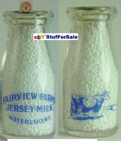 FAIR VIEW FARMS JERSEY MILK, Waterloo, NY MILK BOTTLE - pix of cow Py Rd HP Mint p9read FAQ